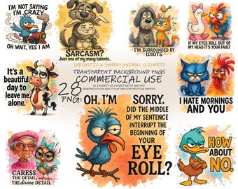 Sarcastic Animal Clipart Bundle: Snarky Mood Quotes (Digital Download)