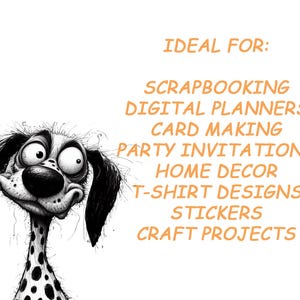 K&ouml;nnte beinhalten: Schwarzwei&szlig;-Illustration eines Cartoon-Hundes mit gro&szlig;en Augen und einer langen Schnauze. Der Text "IDEAL F&Uuml;R:" steht &uuml;ber einer Liste von Verwendungsm&ouml;glichkeiten f&uuml;r die Illustration, darunter Scrapbooking, digitale Planer, Kartenherstellung, Partyeinladungen, Wohnkultur, T-Shirt-Designs, Aufkleber und Bastelprojekte.
