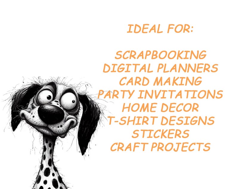 K&ouml;nnte beinhalten: Schwarzwei&szlig;-Illustration eines Cartoon-Hundes mit gro&szlig;en Augen und einer langen Schnauze. Der Text "IDEAL F&Uuml;R:" steht &uuml;ber einer Liste von Verwendungsm&ouml;glichkeiten f&uuml;r die Illustration, darunter Scrapbooking, digitale Planer, Kartenherstellung, Partyeinladungen, Wohnkultur, T-Shirt-Designs, Aufkleber und Bastelprojekte.