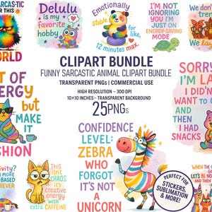 Pacote de Cliparts Engraçados de Animais Sarcásticos | 25 PNGs para Sublimação, Citações, Humor em Aquarela, Espírito Feminino Sarcástico, Download Digital