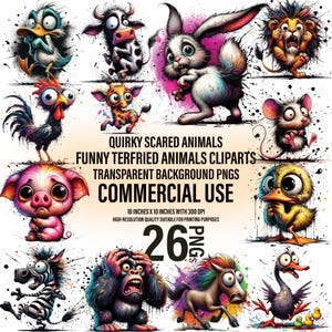 26 cliparts drôles d'animaux terrifiés | Animaux effrayés originaux | Oeuvre d'art très détaillée | PNG imprimable | Téléchargement numérique | Utilisation commerciale