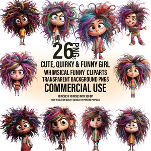 26 Quirky Girl Clipart, eigenzinnige gezichts- en ooguitdrukkingen van het meisje, grappig schattig meisje png, transparant, instant digitale download, commercieel gebruik