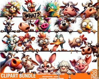 Funny Peeking Farm Animal Clipart: Silly PNGs (Digital Download, Commercial Use)