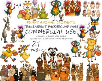 Funny Cartoon Animal Clipart Bundle: 21 PNG Graphics (Commercial Use)