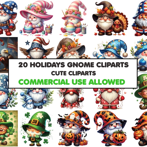 20 Holidays Gnome Cliparts: Patriotic Gnome Clipart Bundle, Digital clip art, Printable art, Digital download, Instantly, Commercial use