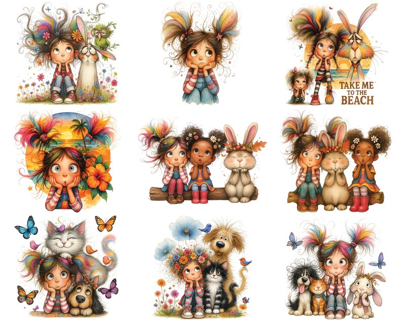 Quirky Girl Clipart: Colorful Friends PNG Illustrations (digital ...