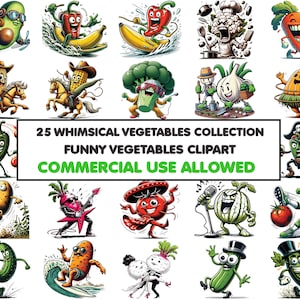 25 Veggie Frenzy Cliparts: Playful Whimsical Vegetable Characters PNG Bundle, Printable Transparent Art, digital download, commercial use
