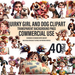 40 cliparts fille et chien originaux avec des expressions drôles et des coiffures, des vêtements dépareillés, une scène mignonne, en téléchargement numérique, un usage commercial