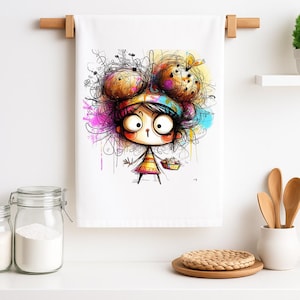 May include: White kitchen towel featuring a whimsical cartoon illustration of a girl with large eyes and colorful, scribbled hair. The girl is holding a small basket. The artwork has a vibrant, playful style.