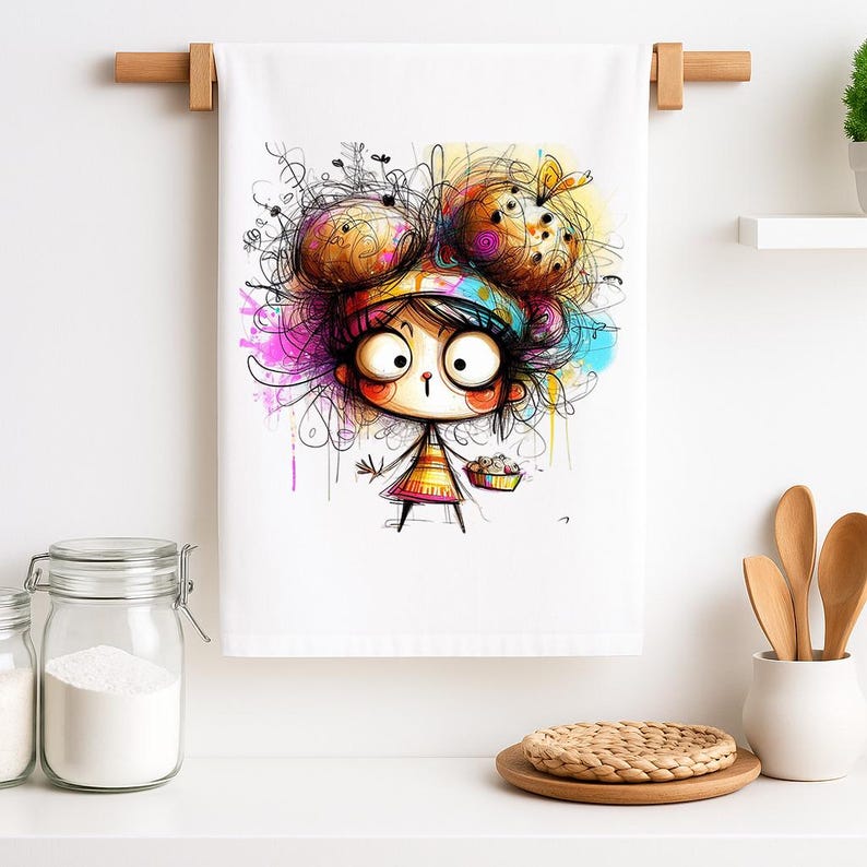May include: White kitchen towel featuring a whimsical cartoon illustration of a girl with large eyes and colorful, scribbled hair. The girl is holding a small basket. The artwork has a vibrant, playful style.