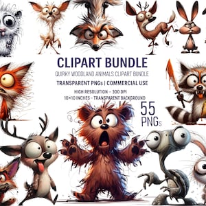 55 Quirky woodland animals Clipart Bundle- Cute Crazy Woodland Creatures - Printable Cartoon Animal PNGs - Funny Forest Animals Clipart