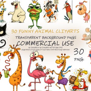 30 imágenes prediseñadas de animales divertidos / PNG de dibujos animados peculiares / animales caprichosos / fondo transparente / descarga digital / sublimación / uso comercial