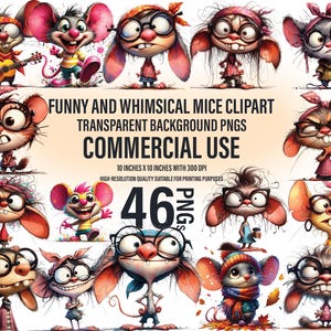 46 Whimsical & Quirky Mice Clipart | Rostos de Ratos Engraçados | Desenhos de Ratos Engraçados e Bonitos | PNG Transparente | Download Digital | Uso Comercial