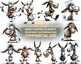 Grillige ezel-clipart: 43 aquarel dieren png's (digitale download)