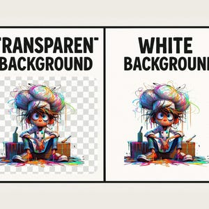 May include: Illustration of a cartoon chef with a colorful chef's hat and paint splatters. The image is split, with one side showing a transparent background and the other a white background. Text at the top reads "TRANSPARENT BACKGROUND" and "WHITE BACKGROUND".