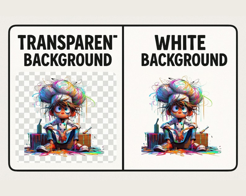 May include: Illustration of a cartoon chef with a colorful chef's hat and paint splatters. The image is split, with one side showing a transparent background and the other a white background. Text at the top reads "TRANSPARENT BACKGROUND" and "WHITE BACKGROUND".