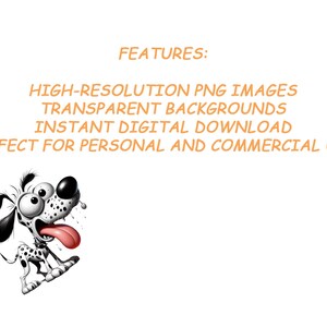 K&ouml;nnte beinhalten: Eine Cartoon-Illustration eines schwarz-wei&szlig; gefleckten Hundes mit einer langen rosa Zunge, die herausstreckt. Der Hund hat einen &uuml;berraschten Gesichtsausdruck. Der Text "FEATURES: HIGH-RESOLUTION PNG IMAGES TRANSPARENT BACKGROUNDS INSTANT DIGITAL DOWNLOAD PERFECT FOR PERSONAL AND COMMERCIAL USE" ist in orangefarbenem Text &uuml;ber dem Hund geschrieben.