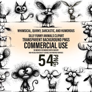 54 Quirky Black and White Animals Clipart | Whimsical Animals Artwork | Animal Facial Expressions | Digital Download | Commercial Use