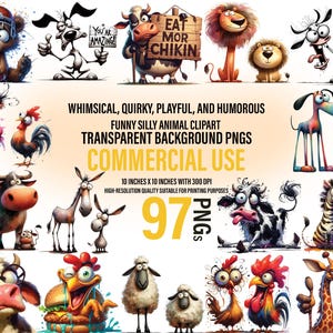 97 sarcastische en grappige boerderijdieren clipart | Excentrieke dierengezichten | 300 dpi, transparant, afdrukbaar, digitale download, commercieel gebruik