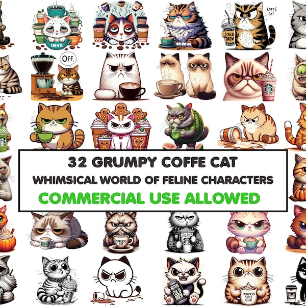 Caffeinated Cats: A Whimsical Collection of Coffee-Inspired Feline Clipart Bundle, Printable Transparent, digital download, commercial use