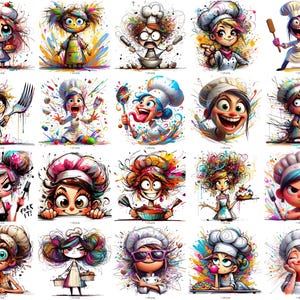 May include: A collection of colorful, cartoon-style illustrations of chefs in various poses. Each chef is depicted with exaggerated features, wearing a chef's hat and apron, and holding cooking utensils. The artwork features vibrant splashes of color and expressive details.