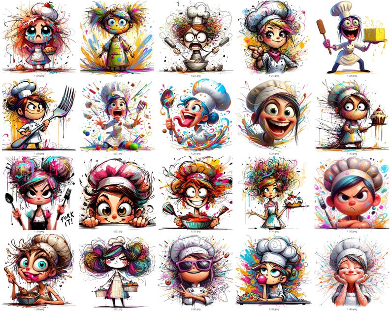 May include: A collection of colorful, cartoon-style illustrations of chefs in various poses. Each chef is depicted with exaggerated features, wearing a chef's hat and apron, and holding cooking utensils. The artwork features vibrant splashes of color and expressive details.