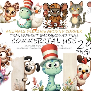 29 Quirky Animals Peeking Around Corner Cliparts | Humorous Whimsical Animal | Silly Animal PNGs | Digital Download | Commercial Use