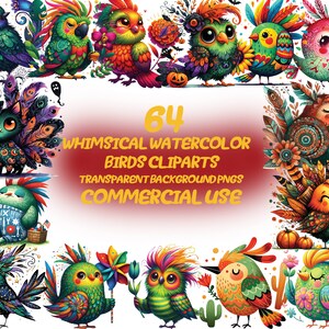 64 Fantazyjne akwarelowe ptaki Clipart Collection, Przyjazne dla dzieci grafiki, Wystrój pokoju dziecięcego, Przezroczyste, Pobieranie cyfrowe, Wykorzystanie komercyjne