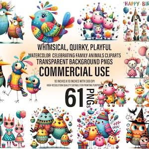 61 grillige familievogel clipartbundel | Eigenzinnige dieren vieren feest | Aquarel, speels, humoristisch | Cadeau voor mama en papa | Commercieel gebruik