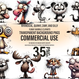 35 Whimsical Funny Animal Cliparts | Quirky Animal Designs | Crazy Eyes, Zany Animals | Transparent PNG | Digital Download | Commercial Use