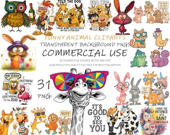 Paquete de 31 imágenes prediseñadas de animales sarcásticos y divertidos: PNG originales para sublimación, pegatinas y camisetas. Comercial de EE. UU.