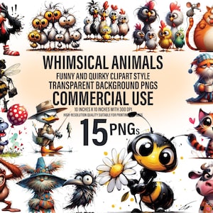 15 grappige dieren clipartbundel | Eigenzinnig, speels, gek, humoristisch, expressief | Transparant png-bestand | Digitale download | Commercieel gebruik