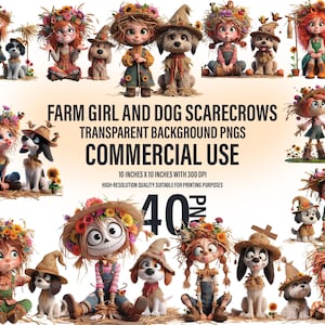 40 Clipart fille de ferme lunatique et chien | épouvantail original | Graphiques de la vie à la campagne | Clipart Ferme PNG | Fichiers numériques, utilisation commerciale