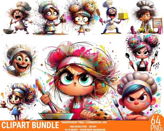 Funny Baking Girl Clipart: Sarcastic Chef PNG Bundle (64 Files, Digital Download