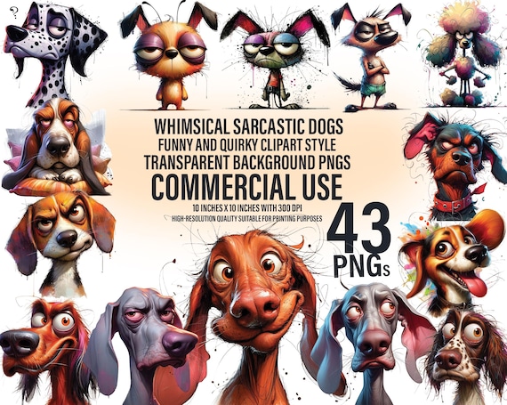 43 Funny Dog Clipart Bundle: Whimsical Sarcastic PNG (Digital Download)