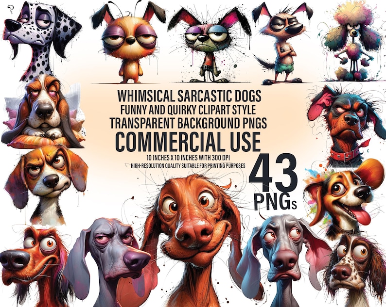 43 Whimsical Funny Dog Clipart Bundle | Quirky Dogs PNG, Sarcastic Dog Clipart | Transparent PNG | Digital Download | Commercial Use