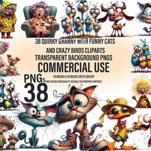 38 grillige oma en dieren clipartbundel | Eigenzinnige, gekke, humoristische digitale png | Expressieve clipart voor commercieel gebruik