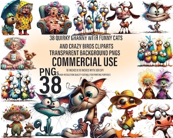 Paquete de imágenes prediseñadas de abuelas y animales: diseños PNG originales (uso comercial)