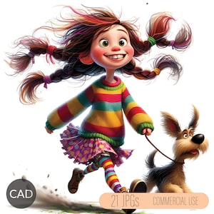 21 Clipart fille décalée et chien dans une aquarelle vibrante | Utilisation commerciale | JPG aquarelle | Journal indésirable fantastique | Créations en papier | Jolie fille