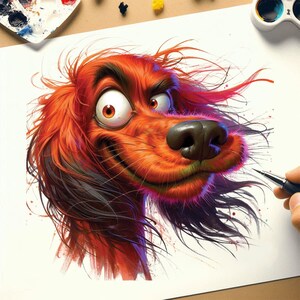 May include: A cartoon illustration of a red dog with black fur, big eyes, and a wide smile. The dog's fur is windblown and the background is white with watercolor splatters.