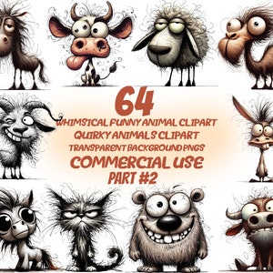 64 imágenes prediseñadas de animales divertidos y extravagantes, imágenes prediseñadas de animales extravagantes, cabello loco, transparente imprimible, descarga digital, uso comercial