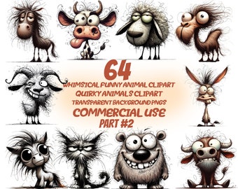 64 Whimsical Funny Animal Clipart Cliparts, Quirky Animals clipart, Crazy Hair, Printable Transparent, Digital Download, Commercial Use