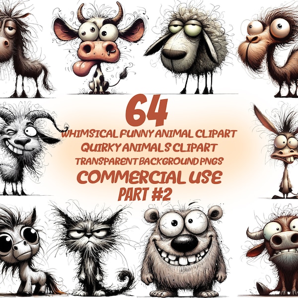 64 cliparts animaux drôles lunatiques, clipart animaux originaux, cheveux fous, imprimable Transparent, téléchargement numérique, usage Commercial