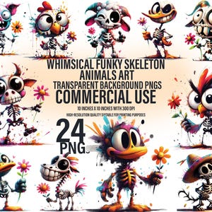 24 wunderliche Funky Skelett-Tiere Kunst-Bundle | Skurril, Verspielt, Silly, Ausdrucksstark | Transparentes PNG | Digitaler Download | Kommerzielle Nutzung