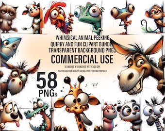58 Quirky Animals Peeking Around Corner Cliparts | Humorous Whimsical Animal | Silly Animal PNGs | Digital Download | Commercial Use