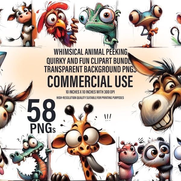 May include: A set of 58 whimsical animal clipart images. Each image features a cartoon animal peeking around a corner. The animals are colorful and have expressive faces. The images are perfect for adding a touch of fun to your projects. 