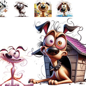K&ouml;nnte beinhalten: Ein Cartoon-Hund mit braunem Fell, einem violetten Auge und einem schwarzen Halsband mit Stacheln schaut aus einem Holz-Hundehaus mit einem Solarpanel auf dem Dach. Der Hund hat einen verwirrten Ausdruck und ist von braunen und wei&szlig;en Steinen umgeben.