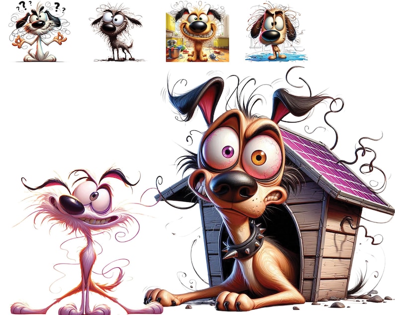 K&ouml;nnte beinhalten: Ein Cartoon-Hund mit braunem Fell, einem violetten Auge und einem schwarzen Halsband mit Stacheln schaut aus einem Holz-Hundehaus mit einem Solarpanel auf dem Dach. Der Hund hat einen verwirrten Ausdruck und ist von braunen und wei&szlig;en Steinen umgeben.