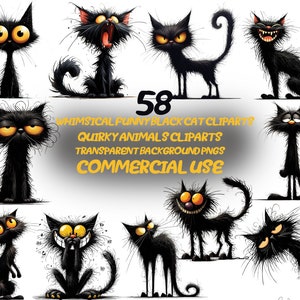 58 Whimsical Quirky Funny Animal Clipart, Whimsical Cat Facial Expressions Clipart Set, Transparent, Digital Download, Commercial Use