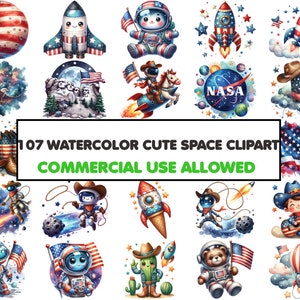 Niedliches Weltraum-Aquarell-Clipart-Bundle, Astronaut PNG-Bilder, Weltraum-Geburtstagsfeiern, Planetenillustrationen, transparente PNGs, kommerzielle Nutzung.